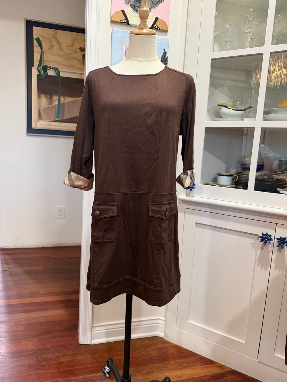 Burberry Brown Long-Sleeve Shift Dress with Check Cuff Detail
